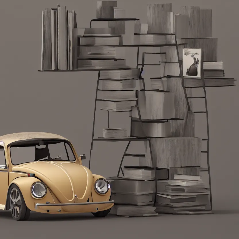 Image similar to a low poly render of a VW Beetle on a bookshelf, octane render, unreal engine 5, high quality