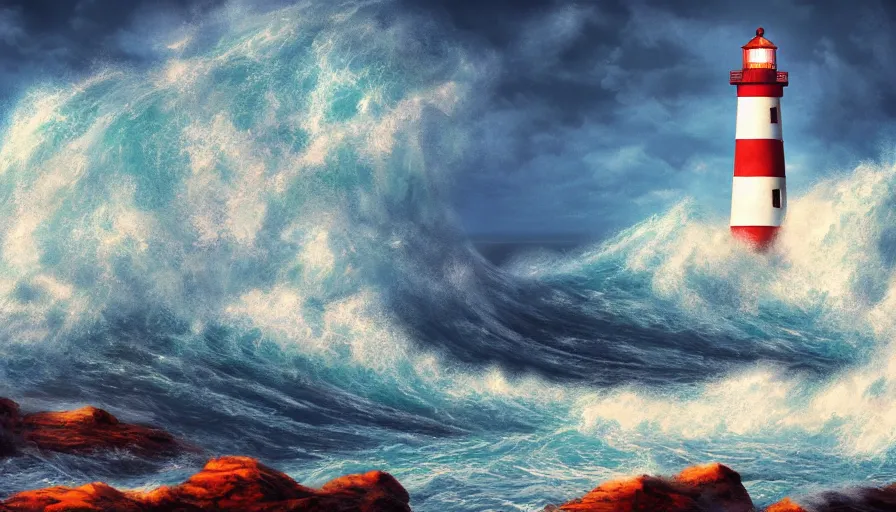 Image similar to a lighthouse being struck by a huge wave out at sea, digital art, highly detailed, realistic, bright colors, 8 k