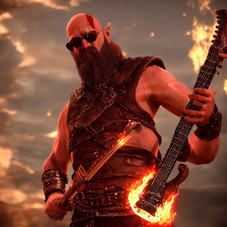 Prompt: sunglasses wearing kratos rocking out on a flaming stratocaster axe - guitar, cinematic render, god of war 2 0 1 8, playstation studios official media, lightning, flames, red stripe, red stripe, clear, coherent, guitar, guitar