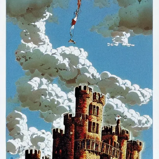 Prompt: by ralph steadman defined, improvisational babylonian, tetris. a beautiful print of a castle in the clouds.