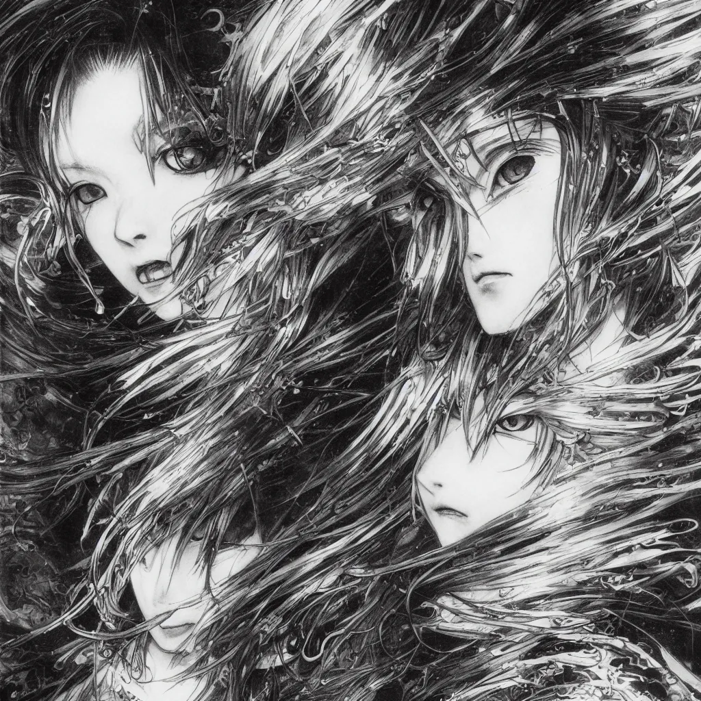 Image similar to Yoshitaka Amano realistic illustration of an anime girl with black eyes, wavy white hair fluttering in the wind and cracks on her face wearing elden ring armor with engraving, abstract black and white patterns on the background, noisy film grain effect, highly detailed, Renaissance oil painting, weird portrait angle, blurred lost edges, three quarter view