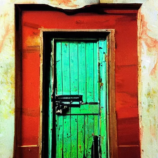 Image similar to a scary painting of a door in an moldy dusty frame