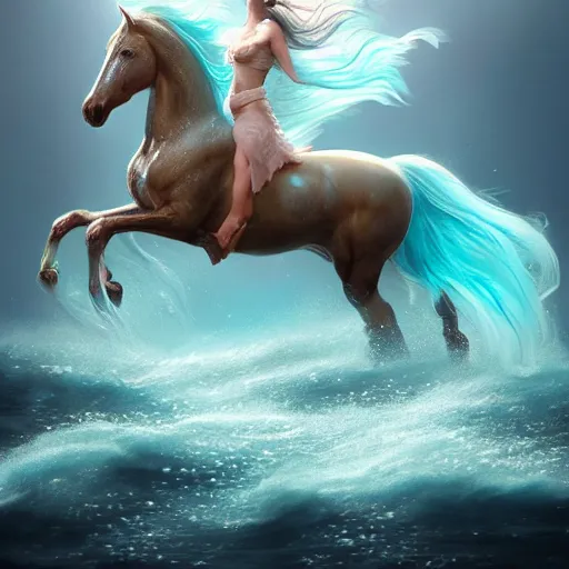 Image similar to a fantastical transparent small turquoise spirit horse made of water and foam and algae, splashing water, wave, translucent, ethereal, noble, radiant, hyperalism, scottish folklore, digital painting, artstation, concept art, smooth, 8 k frostbite 3 engine, ultra detailed, art by artgerm and greg rutkowski and magali villeneuve