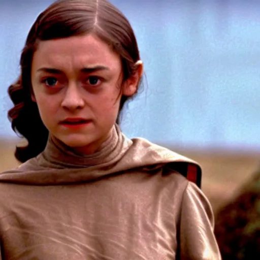 Prompt: still from campy old 70's movie Game of Thrones (1972) actress playing Arya Stark