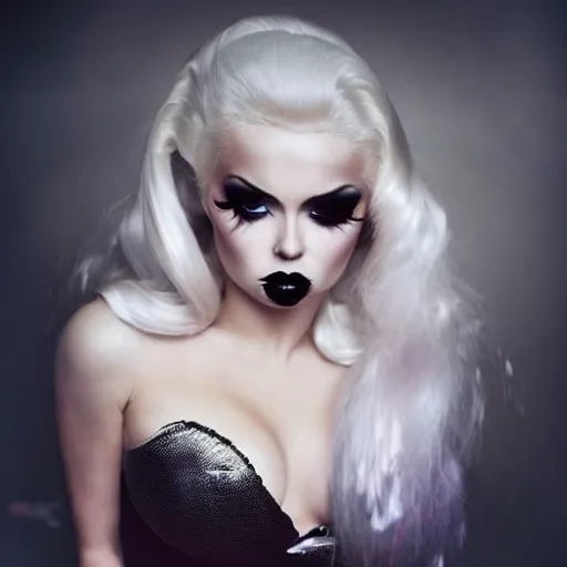 Prompt: modeling photograph kerli koiv, blonde, femme fatale jessica rabbit, beautiful, dark, mysterious, bubble goth makeup, detailed flawless face, dramatic darkroom lighting high exposure, head and shoulders 8 0 mm camera