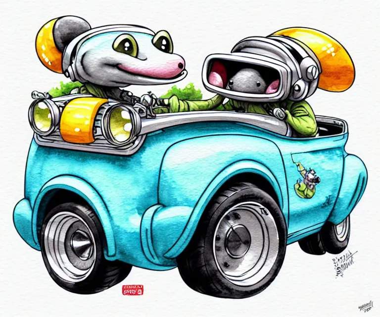 Image similar to cute and funny, opossum wearing a helmet riding in a tiny hot rod with oversized engine, ratfink style by ed roth, centered award winning watercolor pen illustration, isometric illustration by chihiro iwasaki, edited by range murata, tiny details by artgerm and watercolor girl, symmetrically isometrically centered, focused