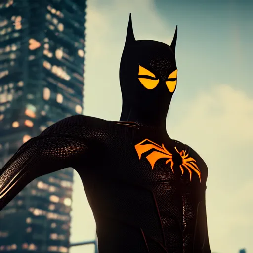 Image similar to a portrait of a spiderbatman , cyberpunk, highly detailed, unreal engine 5, 4K UHD image