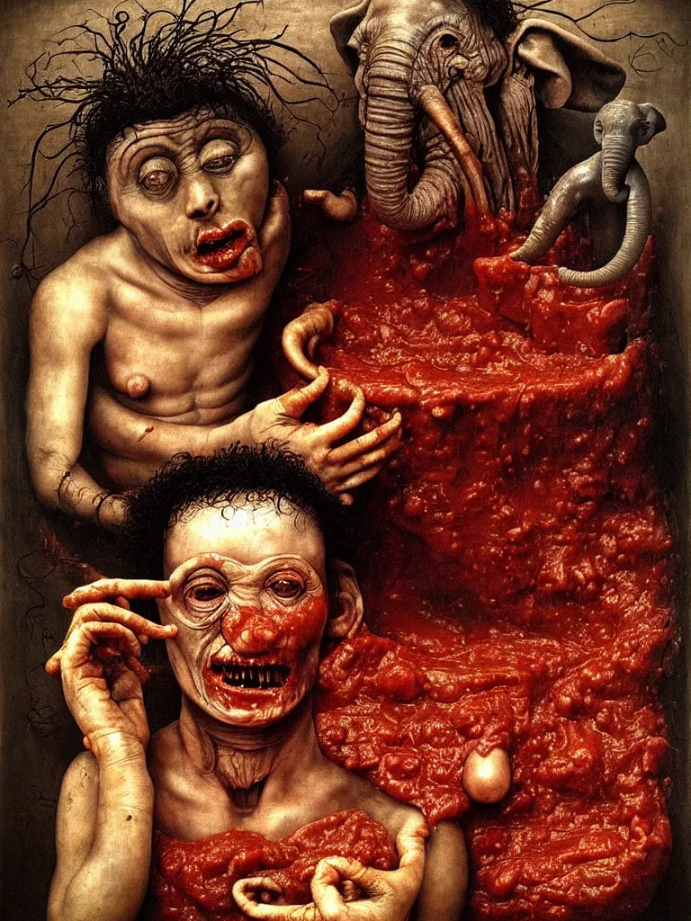 Image similar to a boy like eraserhead and elephant man sitting in a tub full of tomato sauce, looking straight into camera, screaming in desperation, by giuseppe arcimboldo and ambrosius benson, renaissance, fruit, intricate and intense oil paint, a touch of beksinski and hr giger and edward munch, realistic