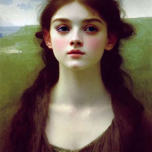 Prompt: A masterpiece head and shoulders portrait of Elle Fanning by William Adolphe Bouguereau and Beksinski
