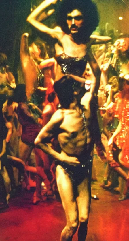Image similar to the Antichrist dancing at Studio 54, disco, saturated color, high contrast, depth of field, 1976, bad vhs
