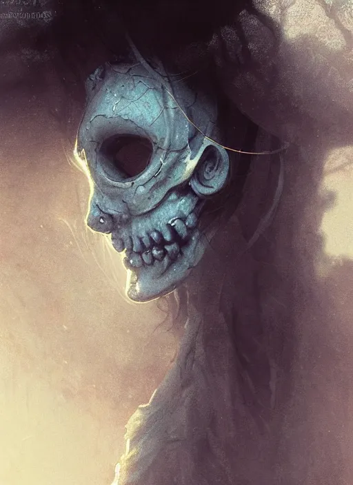 Prompt: close up of a veiled half scull mask girl on the ruins temple, looking at the camera very curiously, smog on the floor, extremely beautiful and aesthetic and attractive detailed face and body, chiaroscuro, dynamic pose, fantasy illustrations, by makoto shinkai and jeremy lipking and ferdinand knab