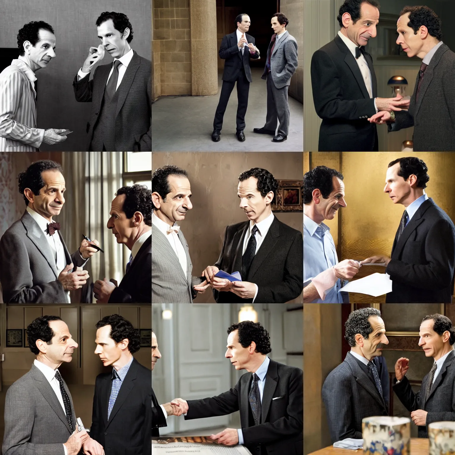 Prompt: adrian monk!!!! ( tony shaloub ) asks sherlock!!! ( benedict cumberbatch ) for an autograph, natural lights, hyper realistic, award winning photo by rudolf balogh