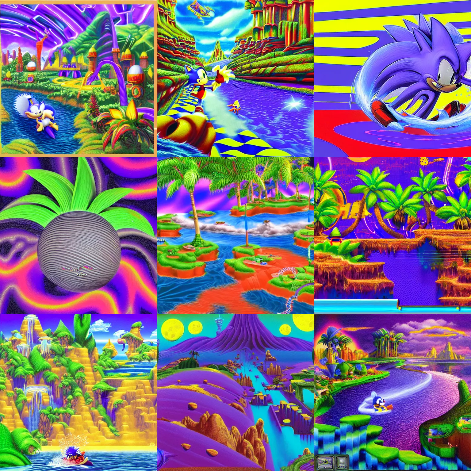 Prompt: sonic hedgehog matte painting landscape of a surreal, sharp, detailed professional, soft pastels, high quality airbrush art album cover of a liquid dissolving airbrush art lsd dmt sonic the hedgehog swimming through cyberspace, purple checkerboard background, 1 9 9 0 s 1 9 9 2 sega genesis rareware video game album cover