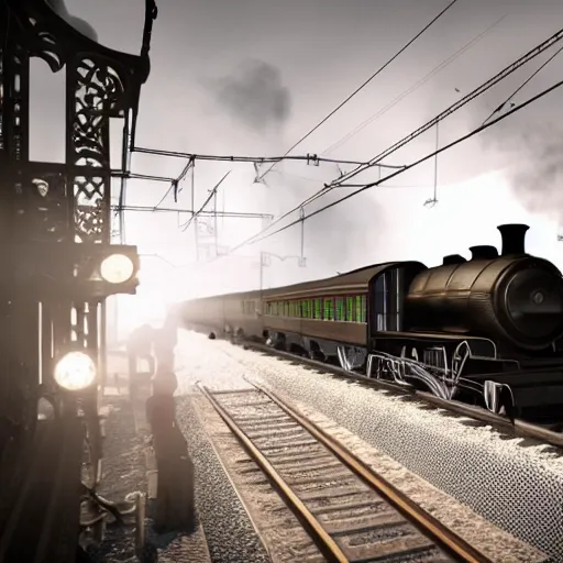 Prompt: a black steam locomotive pulling a train into a Victorian era crowded train station, slight fog, highly detailed, octane render, unreal engine 5