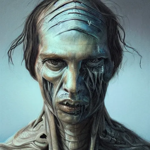 Image similar to surreal portrait of a man by Greg Rutkowski and H.R Giger, he is about 30 years old, messy long black hair, tired appearance, roman nose, peaceful but sad and resigned expression, martyred as a biomechanical transhuman cyborg god, eyes glow electric blue, cosmic void background, frightening, fascinating, highly detailed portrait, digital painting, book cover, artstation, concept art, smooth, sharp foccus ilustration, Artstation HQ.