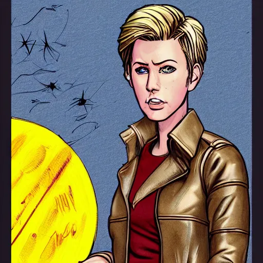 Image similar to character concept art of heroic square - jawed emotionless serious blonde butch woman aviator, with very short butch slicked - back hair, wearing brown leather jacket, standing in front of small spacecraft, alien 1 9 7 9, illustration, science fiction, retrofuture, highly detailed, colorful, realistic, graphic, ron cobb, mike mignogna