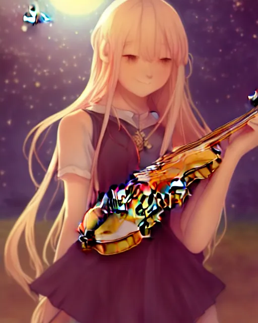 Image similar to teen, cute, melancholy, full body, cat girl, white skin, golden long wavy hair, holding a violin and playing a song, stunning art style, filters applied, lunar time, night sky, trending art, sharp focus, centered, landscape shot, fate zero, simple background, studio ghibly makoto shinkai yuji yamaguchi, by wlop