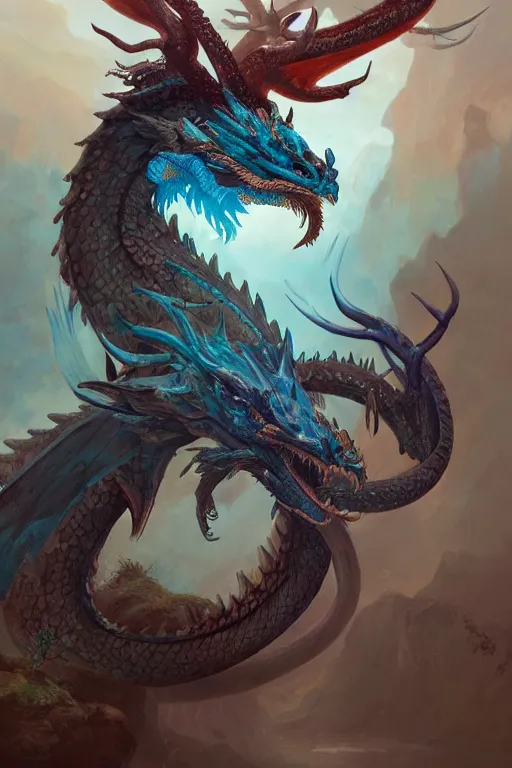 Image similar to cyan the complete dragon has a chinese dragon head, antlers, snake body, and eagle claws. the center of the picture hybrid fantasy, intricate, elegant, highly detailed, digital painting, artstation, concept art, matte, sharp focus, illustration by peter mohrbacher justin gerard zhang yu