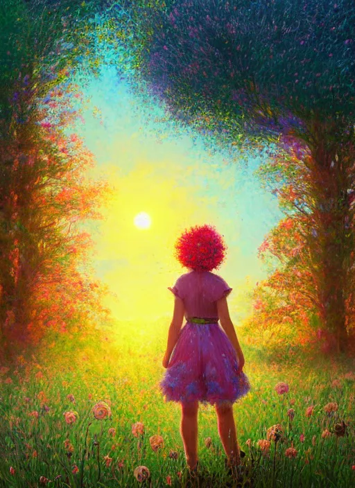 Image similar to girl with giant flower hair and flower dress, standing in a flower field hills, big trees, sunrise dramatic light, impressionist painting, colorful clouds, digital painting, pointillism, artstation, simon stalenhag