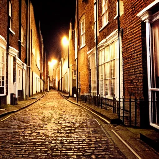 Prompt: photo, london cobblestone street at night, 5 0 mm f / 1. 4, cinestill 8 0 0,