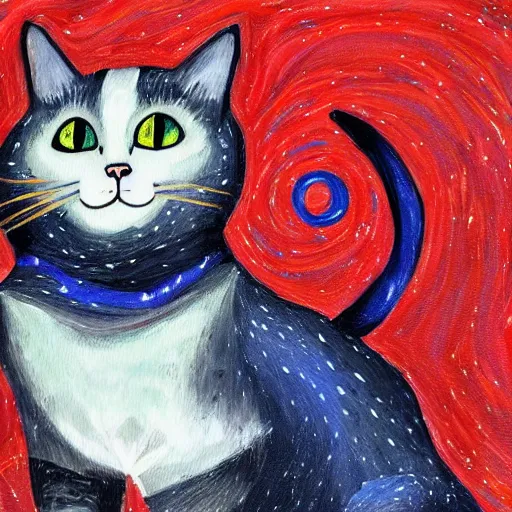 Prompt: a painting of a wizard cat in the style of starry night