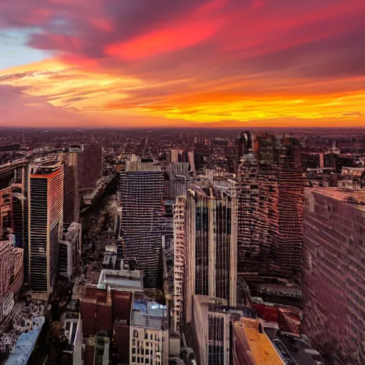 Prompt: a long exposure photograph of clouds over a cityscape during sunset, wide angle, neutral density