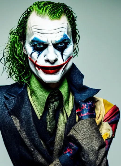 Prompt: photo of Margot Robbie as the Joker by Annie Leibovitz, head shot, detailed, award winning, Sony a7R