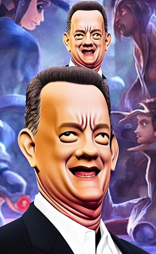 Image similar to Tom Hanks as a character in the game League of Legends, with a background based on the game League of Legends, detailed face, old 3d graphics