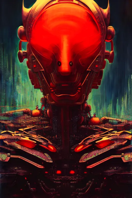 Prompt: akira from chinese mythology, hi - tech luciferian synthetic, gorgeous and huge head ornaments, dystopian, cyberpunk, mecha, cinematic dramatic light, ominous, intricate, studio, malekith concept art, zoomed out, beksinski, alphonse mucha, concept art, 4 k, sharp focus