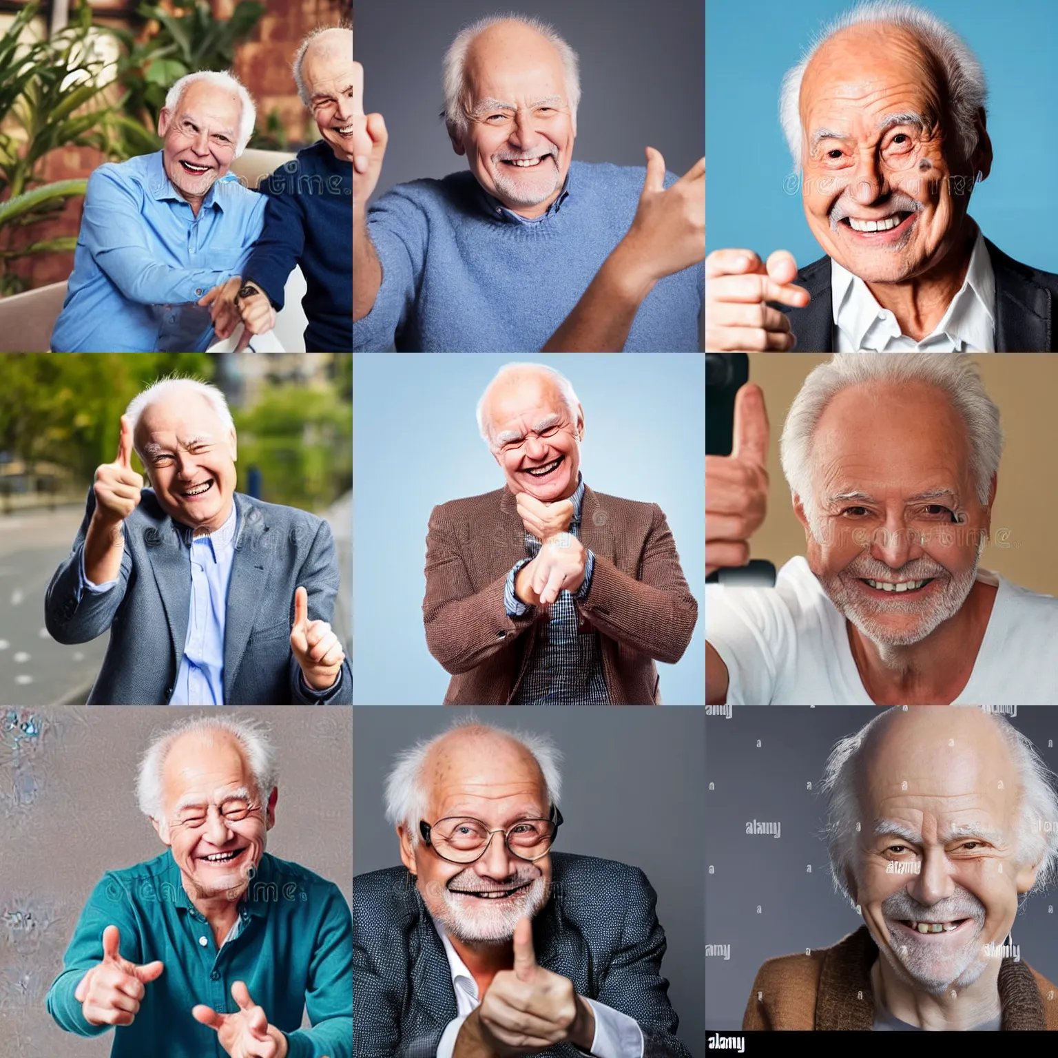 Prompt: happy looking hide the pain harold pointing at the camera, stock photo, round face, smile