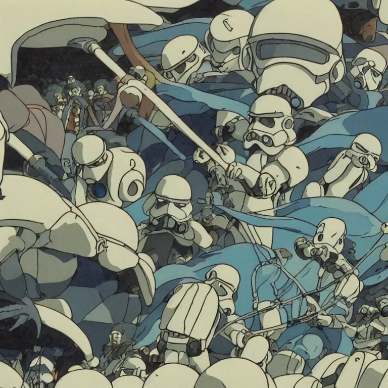 Prompt: 1 9 9 0 studio ghibli animation cel still from nausicaa of the valley of the wind of army of storm troopers