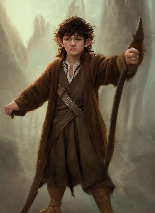 Image similar to teenage hobbit wizard, brown hair, acne, Ivan Aivakovsky, Boris Vallejo, epic fantasy character art, D&D Concept Art, full length, Realistic, Regal, Refined, Detailed Digital Art, Oil Paining, Exquisite detail, post-processing, masterpiece, Cinematic Lighting, Unreal Engine, 8k, HD