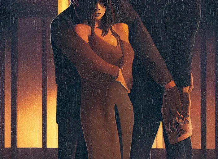 Prompt: a man and a woman are scared and hug each other, they are crouching, a motion control with a cinema camera shoots this couple, illustration by Greg Hildebrandt, dark scene, heavy rain, from blade runner 2049 movie