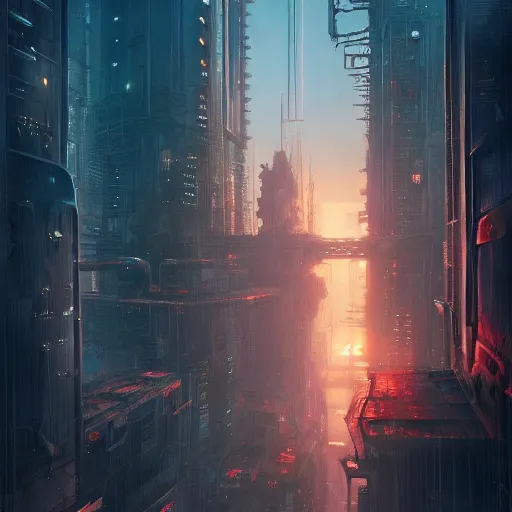 Image similar to cyberpunk city, sunset, gorgeous view, depth, painted by seb mckinnon, high detail, digital art, painted by greg rutkowski, trending on artstation