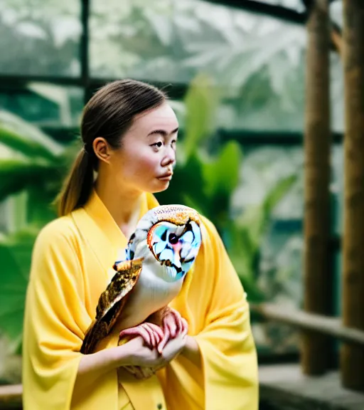 Image similar to head to shoulder Portrait a beautiful young woman wearing a yellow kimono in a tropical greenhouse with a very detailed barn owl on her shoulder, medium format camera, 85mm f1.8, bokeh