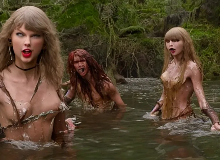 Prompt: taylor swift as conan the barbarian food fight with water nymphs, movie still, 8 k, realistic