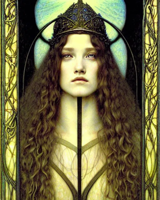 Image similar to detailed realistic beautiful young medieval queen face portrait by jean delville, gustave dore and marco mazzoni, art nouveau, symbolist, visionary, gothic, pre - raphaelite. horizontal symmetry