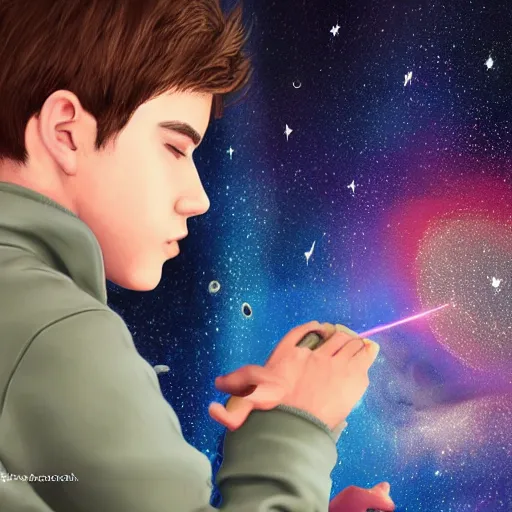 Prompt: a young male mage creating a universe in his PC, hyperrealistic, extremely detailed, award-winning art, trending on Artstation