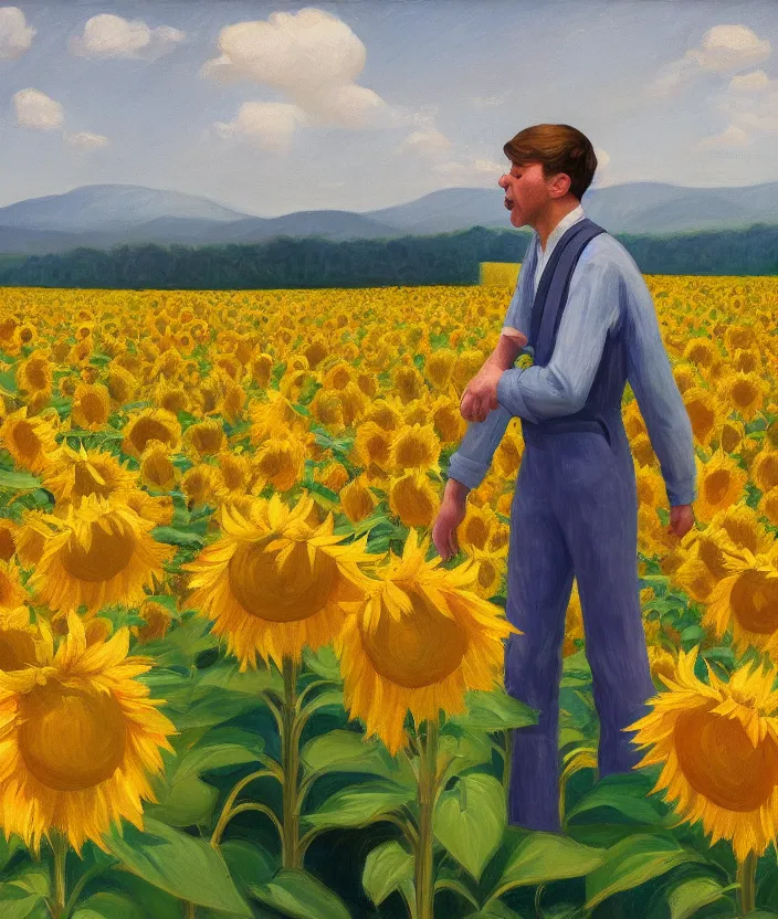 Image similar to a portrait painting of a man in an oranger prisoner overall, standing in beautiful sunflower field, screaming and sad, highly detailed, aesthetic stars in the sky, in the style of edward hopper, very fine brush strokes, 4 k,