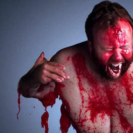 Prompt: a realistic wide shot photograph of Alex Jones with a beard screaming maniacally live on infowars with his shirt off covered in ketchup with his news desk covered in raw meat with lit candles