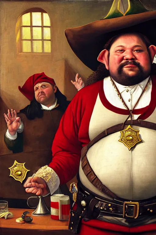 Prompt: high fantasy elf mall cop at a tavern with a sheriff's badge that is fat, shifty, and incompetent, portrait from the chest up, Famous painting by Renaissance Painter Carvagio, Oil Painting, hyper realistic,, 8k UHD scan