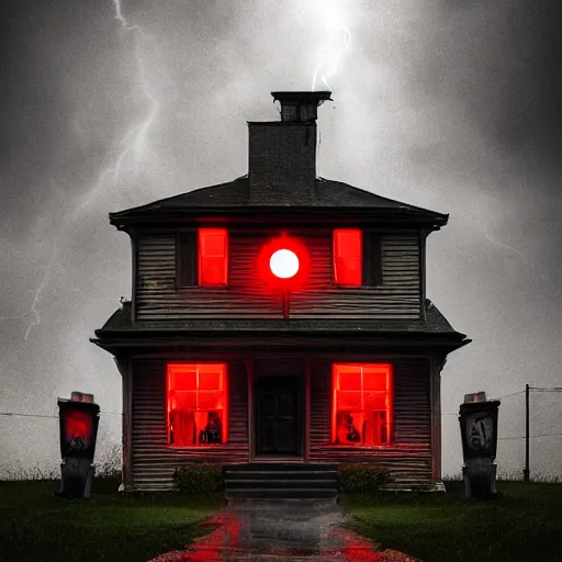 Prompt: a spooky monster house with glowing red eyes on a dimly lit street during a thunderstorm, cinematic, award winning horror photography