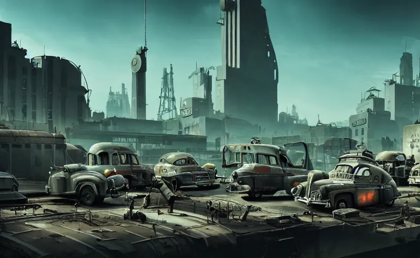 Image similar to in an atompunk city with vehicles, highly detailed, 8 k, hdr, award - winning, octane render, artstation, volumetric lighting