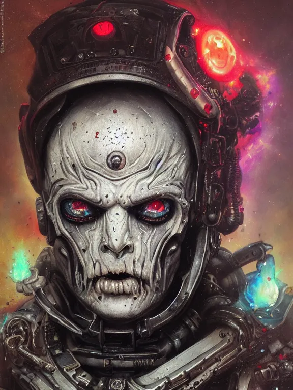 Image similar to art portrait of an undead space marine ,8k,by tristan eaton,Stanley Artgermm,Tom Bagshaw,Greg Rutkowski,Carne Griffiths, Ayami Kojima, Beksinski, Giger,trending on DeviantArt,face enhance,hyper detailed,minimalist,cybernetic, android, blade runner,full of colour,