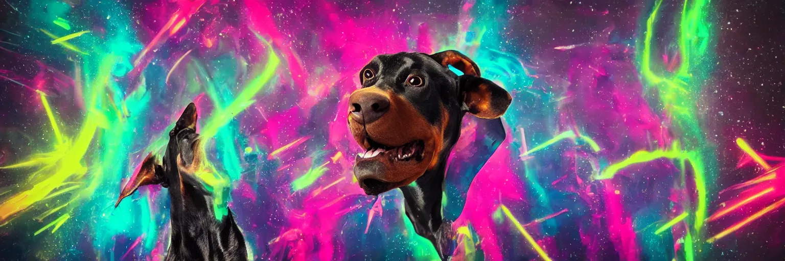 Image similar to spase doberman running close - up with neon mohawks, dogs, space, dark, stars, pink, oil painting, pirate neon ship with punks on board, neon, rich deep colors masterpiece, ultra detailed, contrast, lots of roman arches, clouds, sky, volumetric light, atmospheric lighting, dramatic, cinematic, moody, octane render 4 k, 8 k