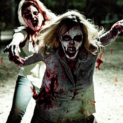 Image similar to horror movie still of two zombie woman fighting,