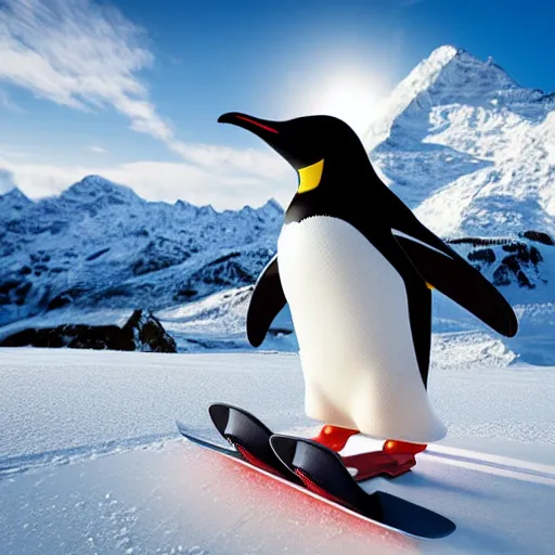 Image similar to ultrawide angle photograph of a snowboarding penguin, extremely detailed. the very detailed penguin is wearing a helmet and snowgoggles. the snowboard he is riding is red and made by burton, 8 k