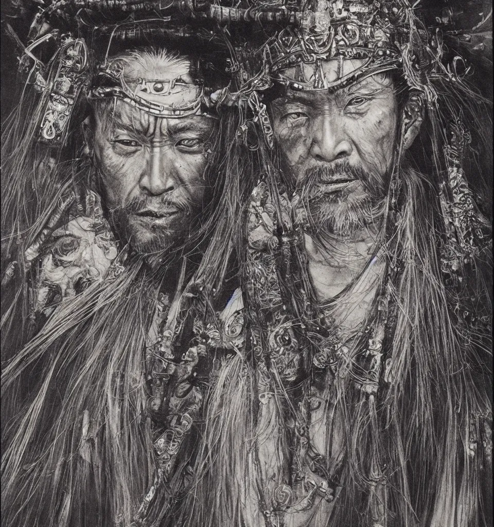 Image similar to detailed portrait, face of a samurai wizard shaman, yoshitaka amano