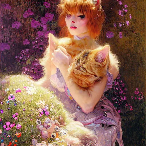 Image similar to portrait of a furry fluffy female tabby cat in a cute floral dress. shadowrun furaffiniy cyberpunk fantasy highly detailed painting by gaston bussiere craig mullins jc leyendecker gustav klimt artgerm greg rutkowski john berkey, bergey, craig mullins, ruan jia, raymond swanland, jeremy mann, tom lovell, alex malveda