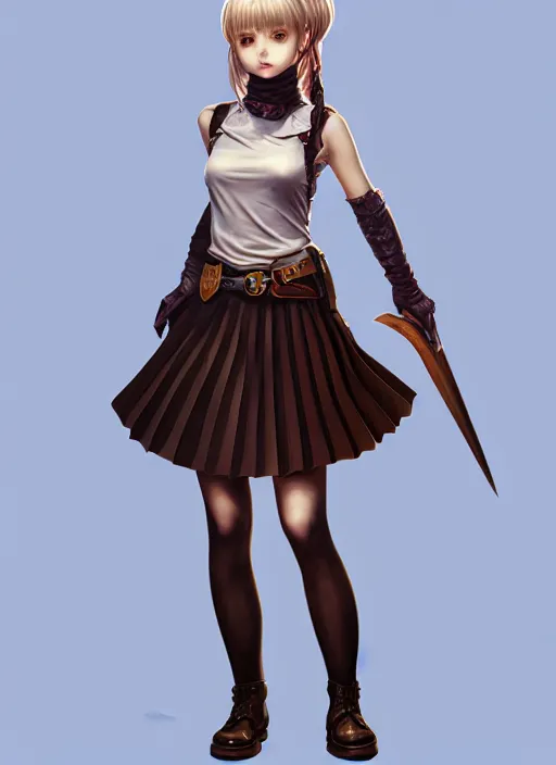 Image similar to portrait of a full body of beautiful young female detective, d & d, sleeveless turtleneck, pleated skirt, fantasy, flat lighting, intricate, highly detailed, digital painting, artstation, concept art, smooth, sharp focus, illustration, misa amane, art by simon bisley and greg rutkowski and alphonse mucha, natural tpose